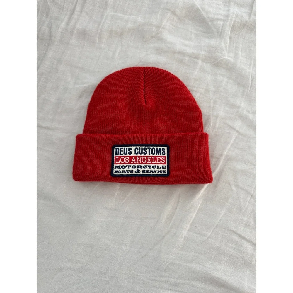 Deus Ex Machina Red Los Angeles Motorcycle Patch Knit Beanie Hat